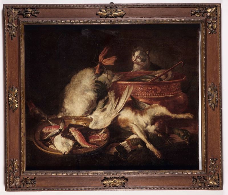 Scuola del XVIII secolo Natura morta con gatto, pesci e selvaggina  - olio su tela - Auction Old Masters Paintings - Cambi Casa d'Aste