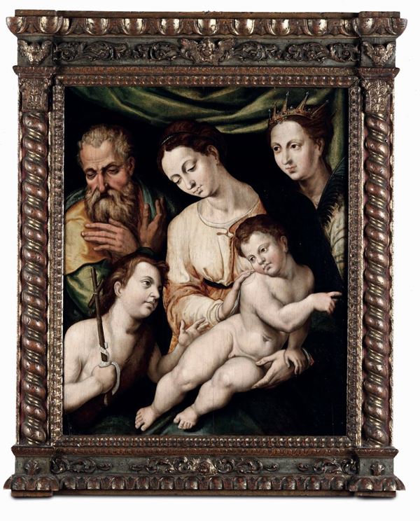 Scuola emiliana del XVI secolo Sacra Famiglia con San Giovannino e santa martire