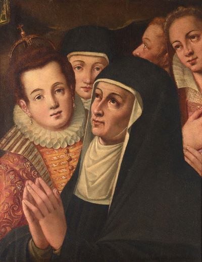 Scuola veneta del XVI secolo, Gentildonne e religiose in adorazione, olio su tavola