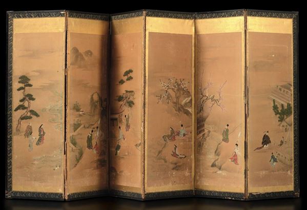 Paravento a sei ante con dipinti su carta raffiguranti scene di vita comune, Giappone, periodo Meiji (1868-1912)