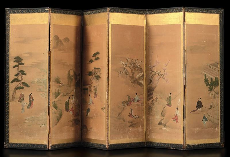 Paravento a sei ante con dipinti su carta raffiguranti scene di vita comune, Giappone, periodo Meiji (1868-1912)  - Asta Fine Chinese Works of Art - Cambi Casa d'Aste