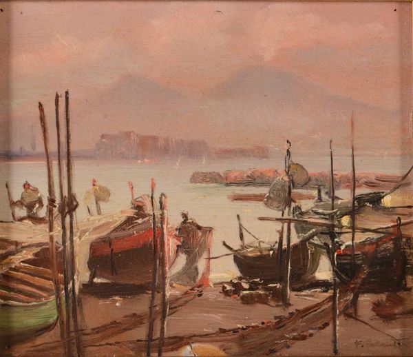Francesco Galante - Marina con barche e Vesuvio