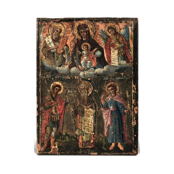 Icona tempera su tavola. Scuola russa del XIX secolo Madonna con Bambino e Santi