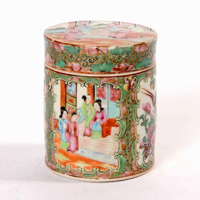 Cina, Canton, Porta thè cilindrico in porcellana Famiglia Rosa, XIX secolo