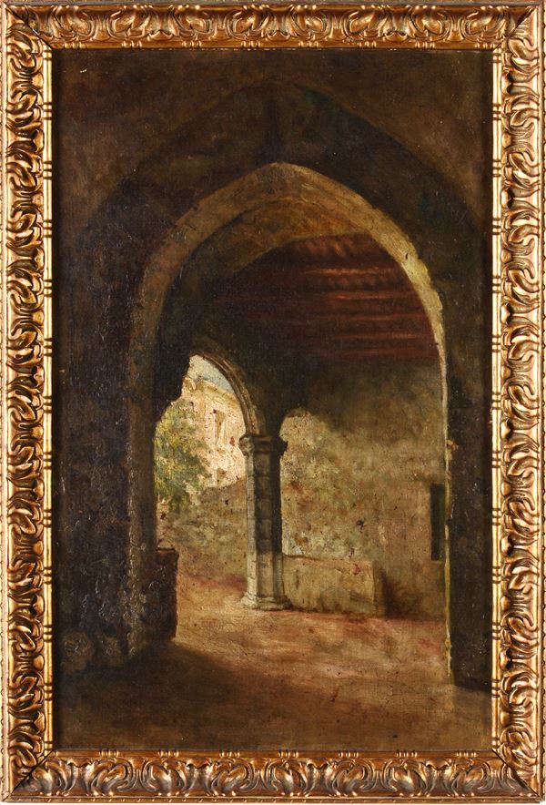 Scuola napoletana, XIX secolo Scorcio di cortile neogotico