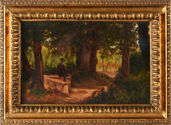 Scuola italiana, fine XIX secolo Paesaggio boscoso con figura