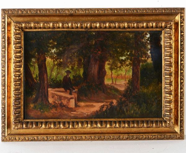 Scuola italiana, fine XIX secolo Paesaggio boscoso con figura