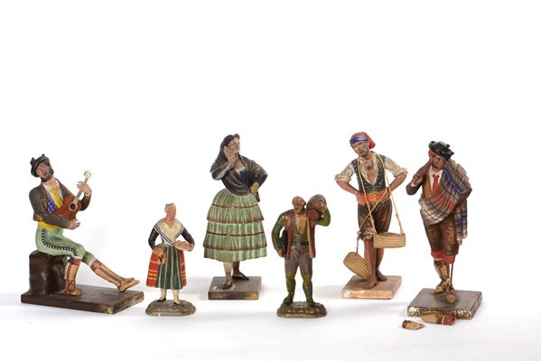 Presepe in terracotta policroma composto da sei personaggi. Spagna, XX secolo