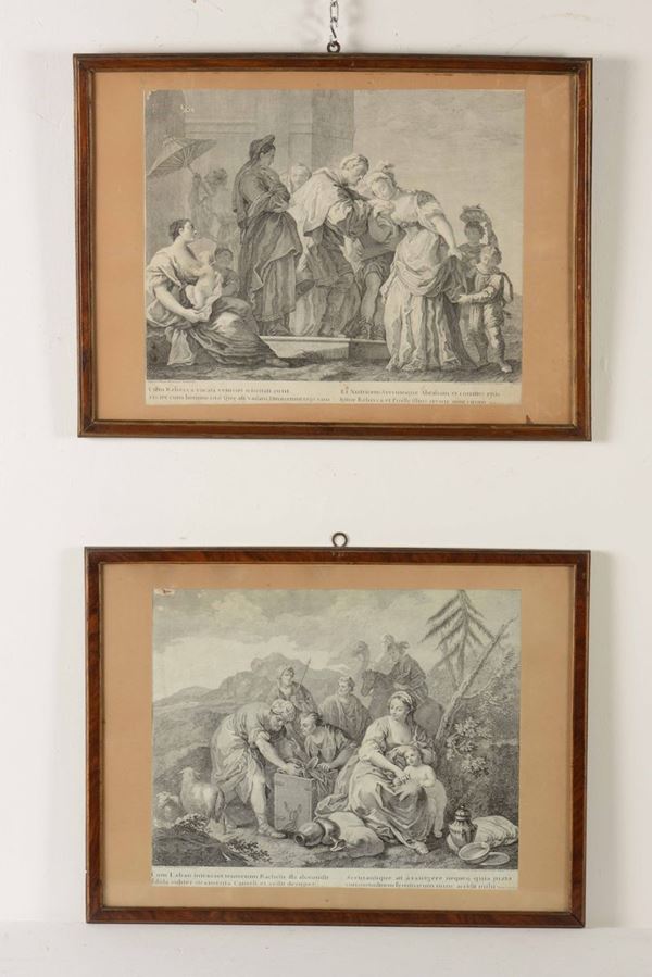 Coppia di incisioni su carta da Jacopo Amigoni entro cornice Antico Testamento