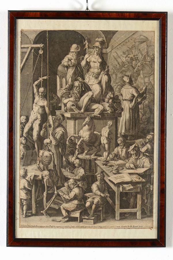 Cornelis Cort - Incisione su carta entro cornice L'Accademia delle belle arti, 1578