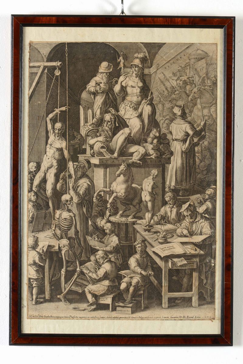 Cornelis Cort : Incisione su carta entro cornice L'Accademia delle belle arti, 1578  - Auction Timed Auction | Antique Books, Prints, Engravings and Maps - Cambi Casa d'Aste