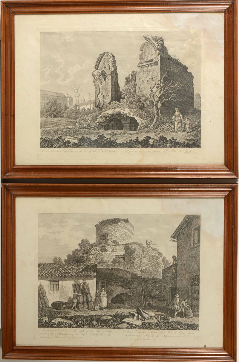 Coppia di incisioni su carta entro cornici. Roma, XIX secolo Antichità della Via Appia  - Auction Timed Auction | Antique Books, Prints, Engravings and Maps - Cambi Casa d'Aste