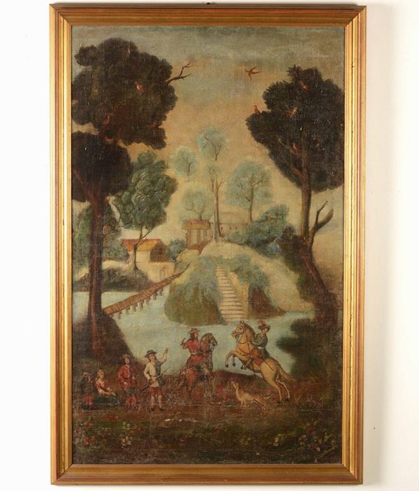 Scuola italiana, fine XIX secolo, nei modi del XVII secolo Scena di caccia con falco