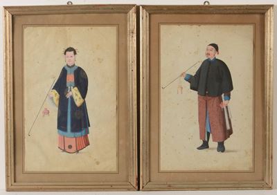 Cina, Dinastia Qing, Coppia di dipinti su carta raffiguranti personaggi, XIX secolo
