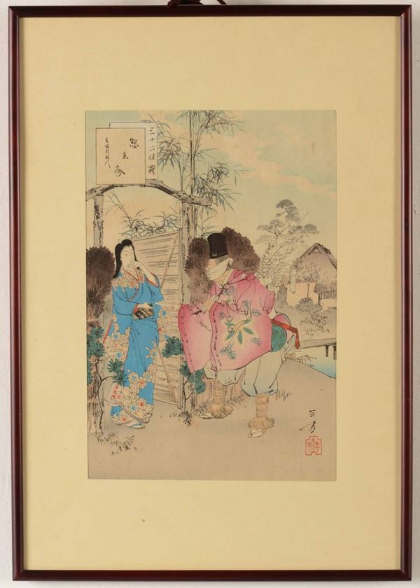 Xilografia raffigurante scena di genere, Giappone, periodo Meiji, XIX secolo