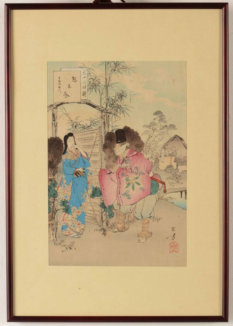 Xilografia raffigurante scena di genere, Giappone, periodo Meiji, XIX secolo  - Auction Antiques - Cambi Casa d'Aste