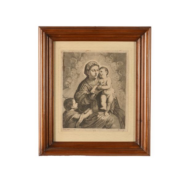 Incisione su carta entro cornice, da Tiziano Vecellio (1485 - 1576) Madonna con Bambino