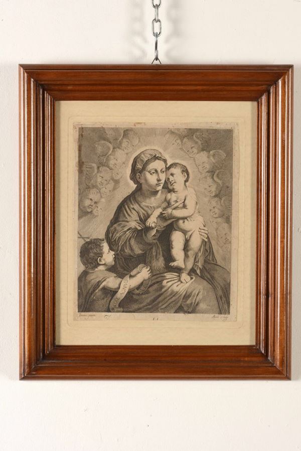 Incisione su carta entro cornice, da Tiziano Vecellio (1485 - 1576) Madonna con Bambino