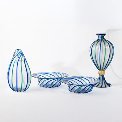 Murano (circa 1980), set in vetro soffiato con decorazione a canne ritorte