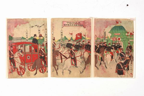 Lotto di sei incisioni acquerellate raffiguranti scene di vita comune, Giappone, periodo Meiji, XIX secolo