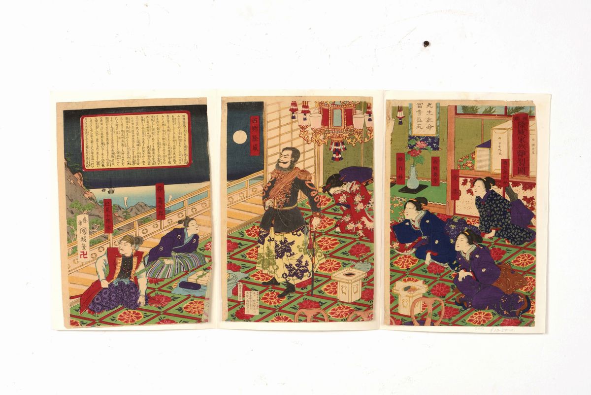 Lotto di sei incisioni acquerellate, Scene di vita comune in Giappone, periodo Meiji (XIX secolo)