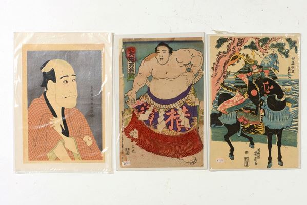 Lotto di tre xilografie, Giappone, periodo Meiji, XIX secolo