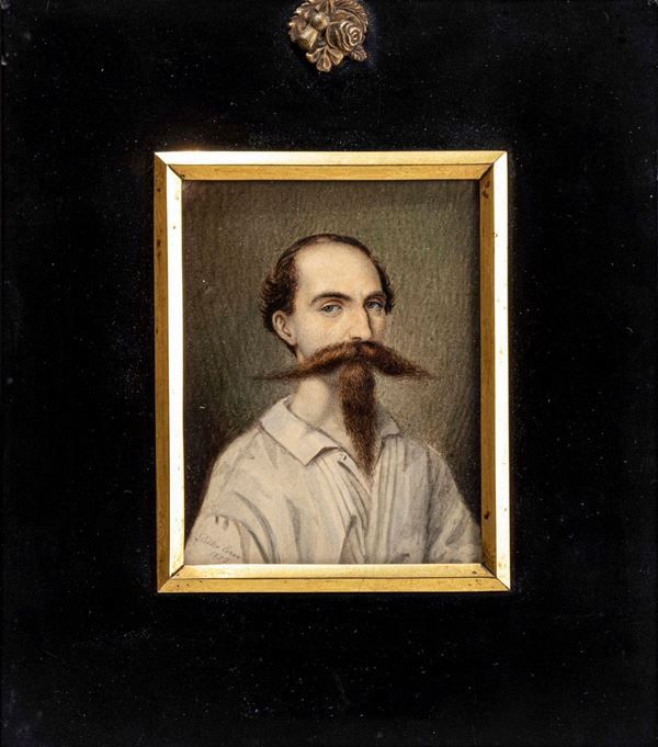 Miniatura raffigurante personaggio maschile con baffi. Firma Pietro Cervo 1852