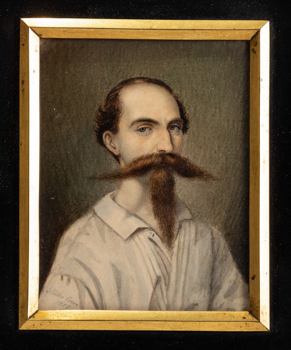 Miniatura Raffigurante Personaggio Maschile con Baffi. Firma Pietro Cervo 1852