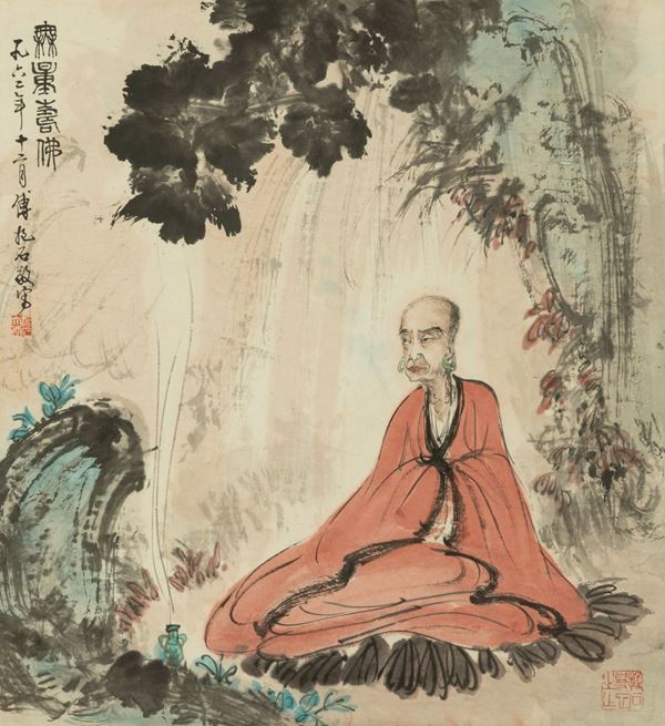 Dipinto su seta raffigurante saggio entro paesaggio e iscrizione, Cina, Dinastia Qing, XIX secolo