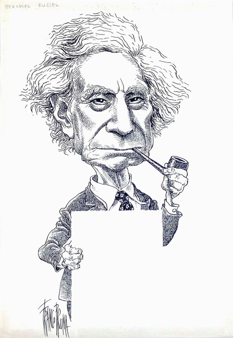 Franco Bruna : Bertrand Russell  - Matita e china su cartoncino - Auction Fumetti d'Autore - IV - Cambi Casa d'Aste