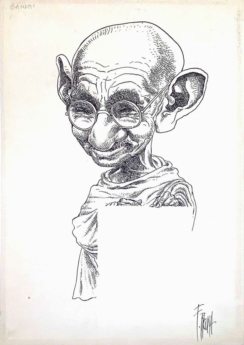 Franco Bruna : Gandhi   - Matita e china su cartoncino - Asta Fumetti d'Autore - IV - Cambi Casa d'Aste