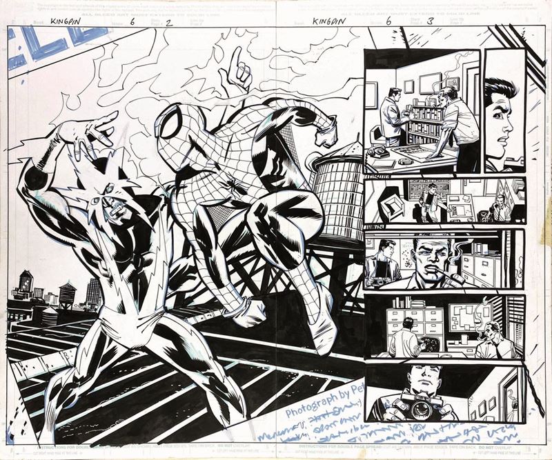 Sean Phillips, Klaus Janson : Spider-man Versus Kingpin   (2003)  - Tecnica mista su due cartoncini professionali Marvel raccordati - Auction Fumetti d'Autore - IV - Cambi Casa d'Aste