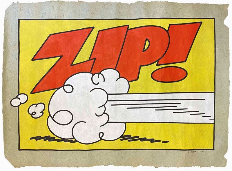 Massimo Mattioli : Noises: Zip!  (1995)  - Acrilico su carta fatta a mano. - Auction Fumetti d'Autore - IV - Cambi Casa d'Aste