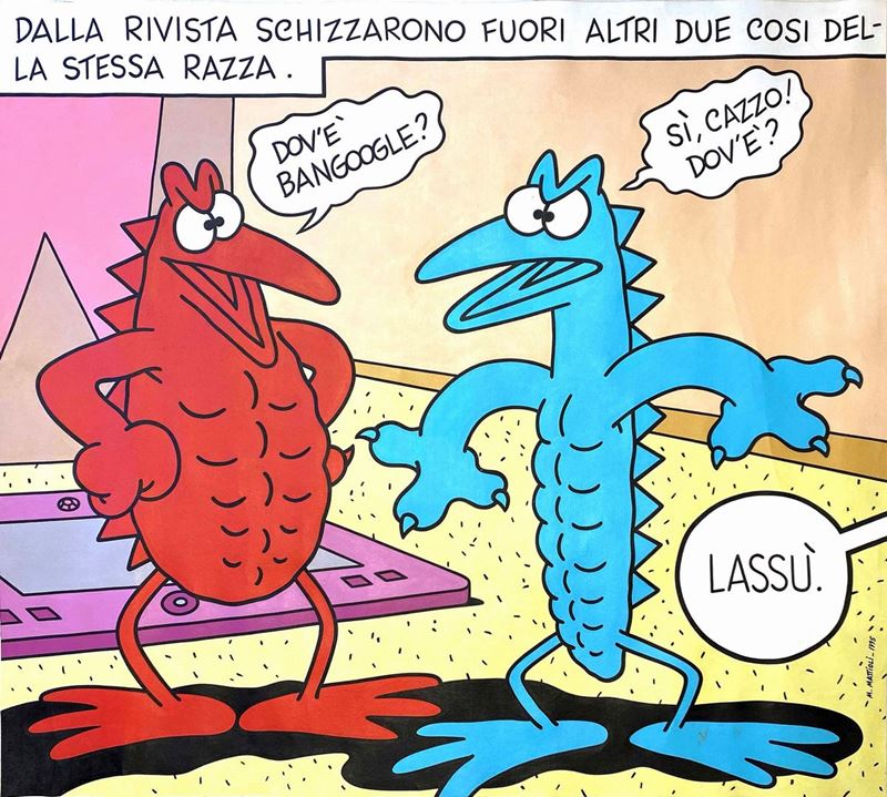 Massimo Mattioli : Dov’è Bangoogle?  (1995)  - Acrilico su tela. - Asta Fumetti d'Autore - IV - Cambi Casa d'Aste