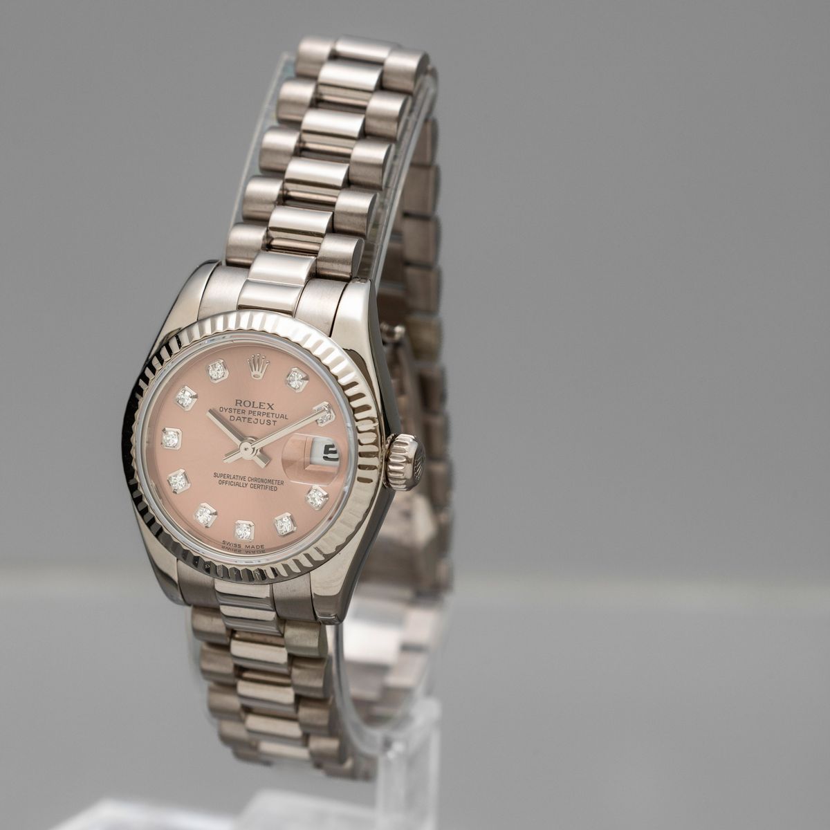 Rolex - Datejust Lady Ref 179179 in Oro Bianco con Ghiera Zigrinata, Bracciale President, Quadran...