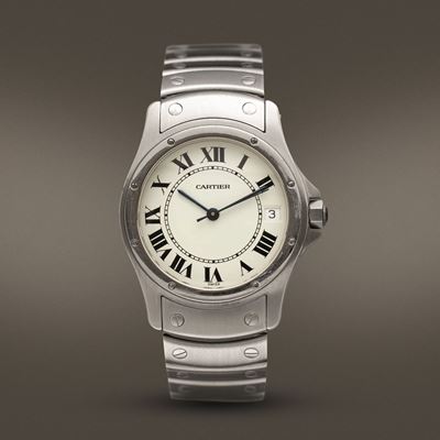Cartier - Santos Rondè Automatico in Acciaio con Datario, Quadrante Bianco e Numeri Romani. Accom...
