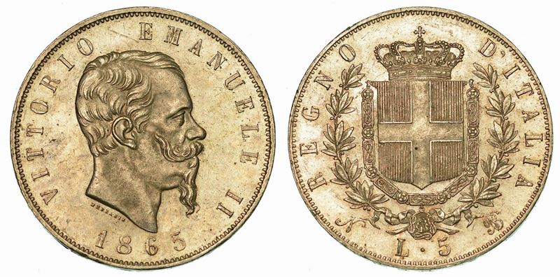 REGNO D'ITALIA. VITTORIO EMANUELE II DI SAVOIA, 1861-1878. 5 Lire 1865. Napoli.  - Auction Numismatics - Cambi Casa d'Aste
