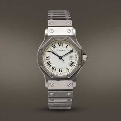 Cartier - Santos Octagon in Acciaio Automatico con Datario, Quadrante Bianco Numeri Romani