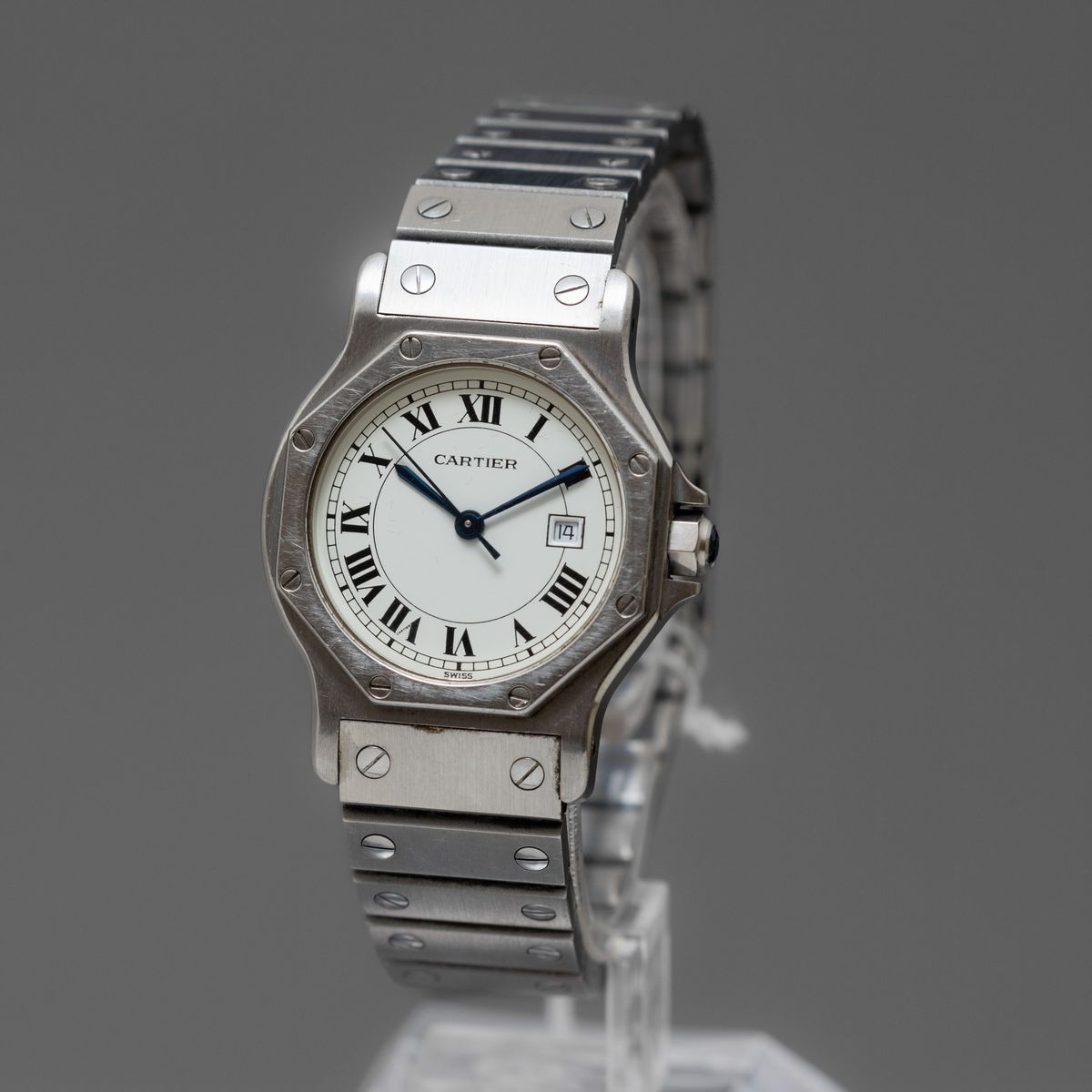 Cartier - Santos Octagon in Acciaio Automatico con Datario, Quadrante Bianco Numeri Romani