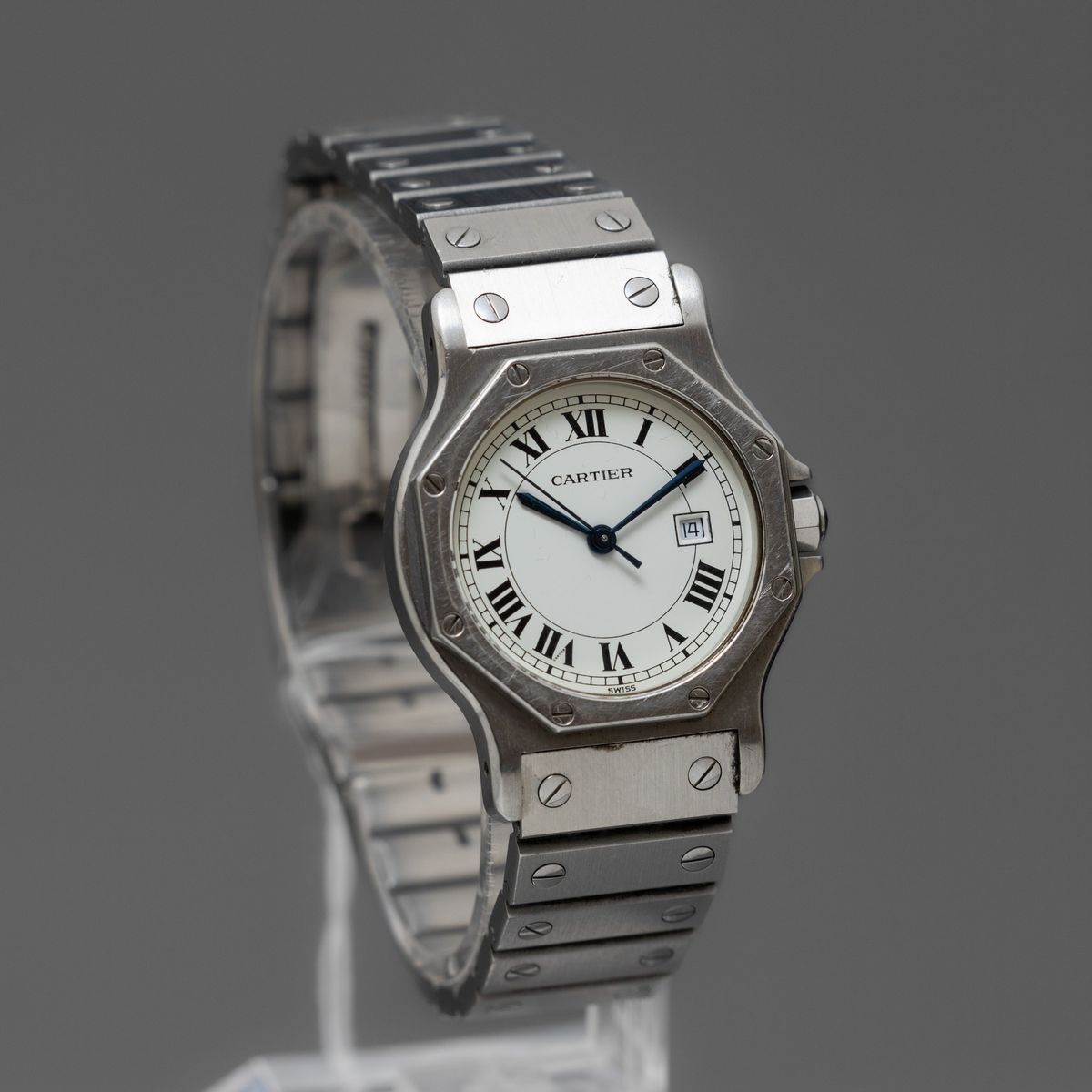 Cartier - Santos Octagon in Acciaio Automatico con Datario, Quadrante Bianco Numeri Romani