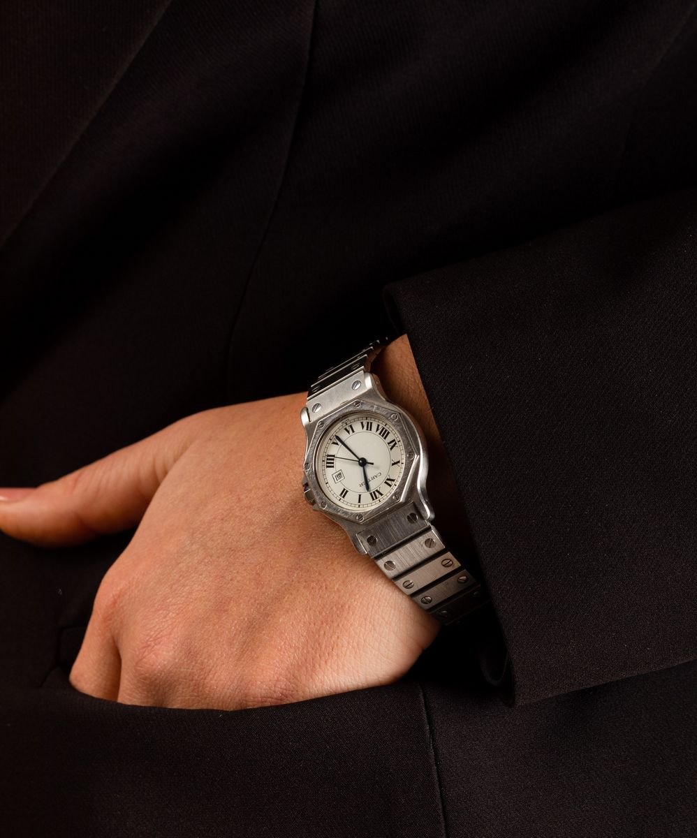 Cartier - Santos Octagon in Acciaio Automatico con Datario, Quadrante Bianco Numeri Romani