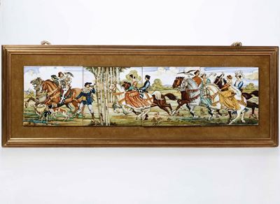 Quadro Formato da Quattro Mattonelle "caccia Col Falcone", Pesaro, Manifattura di Pietro Ciccoli,...