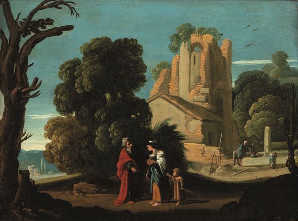 Filippo Angeli detto Filippo Napoletano - Paesaggio con architetture e contadini