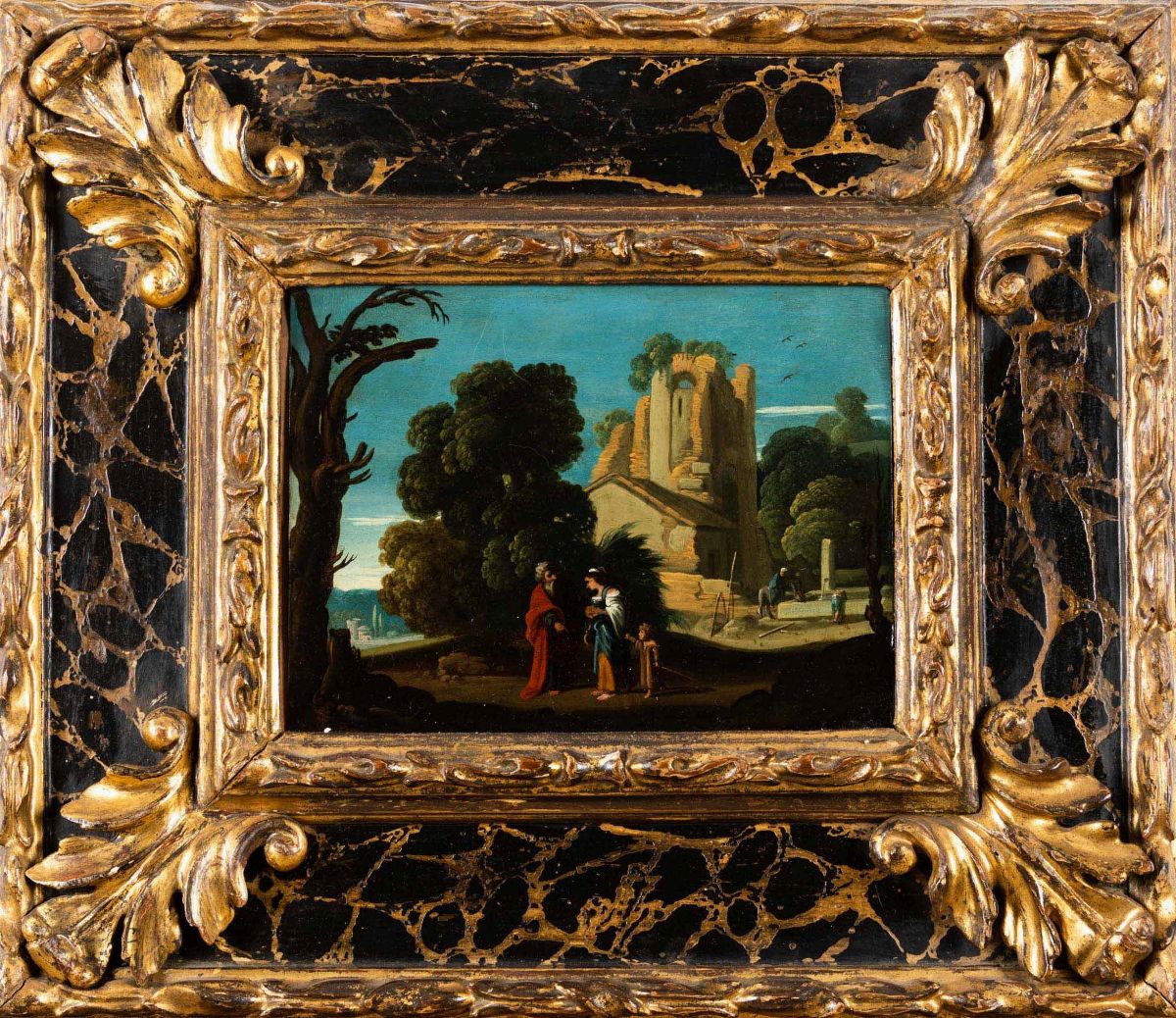 Filippo Angeli Detto Filippo Napoletano - Paesaggio con Architetture e Contadini
