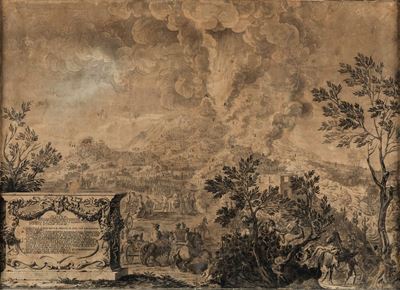 Scuola del VIII Secolo Veduta con L'eruzione del Vesuvio
