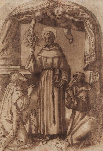 Scuola Dell'inizio del XVI Secolo Figura di Santo con Accoliti