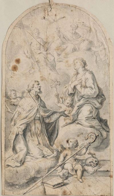 Scuola Napoletana del XVIII Secolo Studio per una Pala con Due Santi in Adorazione del Padre e de...