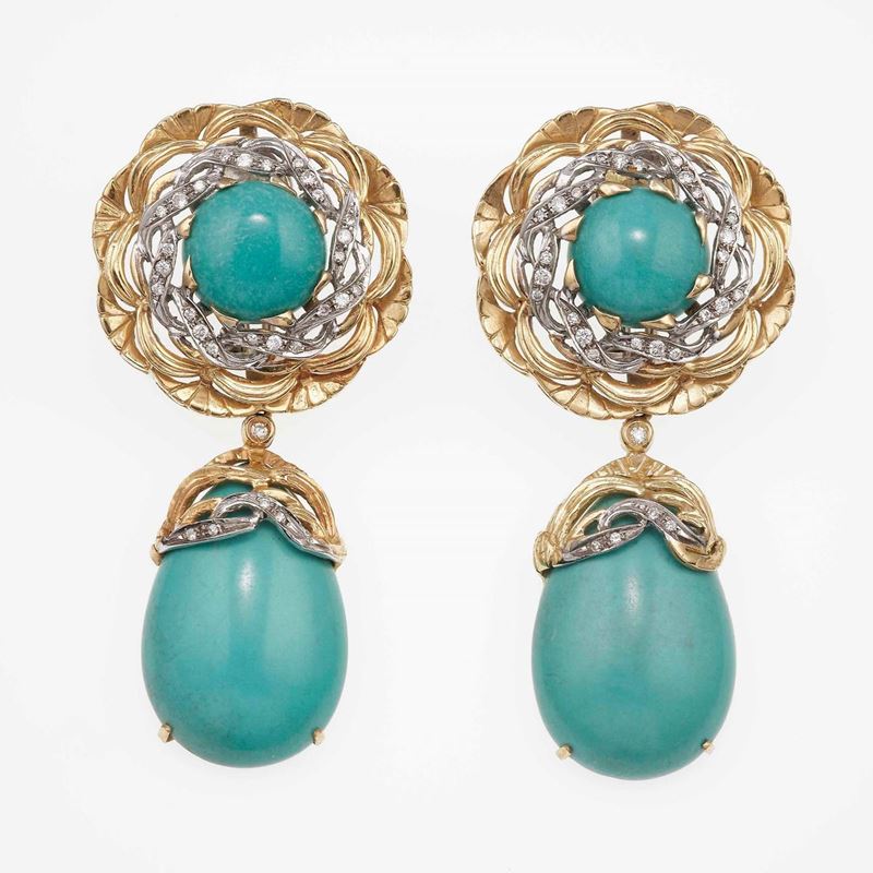 Pair of turquoise and diamond earrings  - Auction Fine and Coral Jewels - Cambi Casa d'Aste