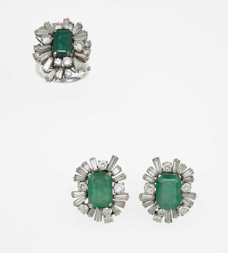 Demi-parure composta da anello ed orecchini con smeraldi e diamanti  - Asta Gioielli | Cambi Time - Cambi Casa d'Aste