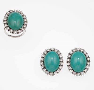 Demi-parure Composta da Anello ed Orecchini con Turchesi e Diamanti